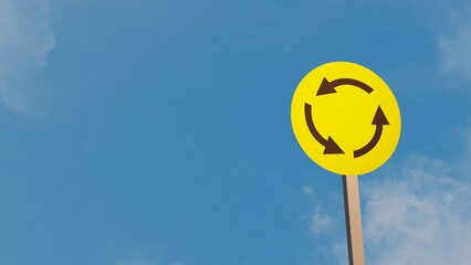 Illustration of a "approaching roundabout" traffic sign and sky background.