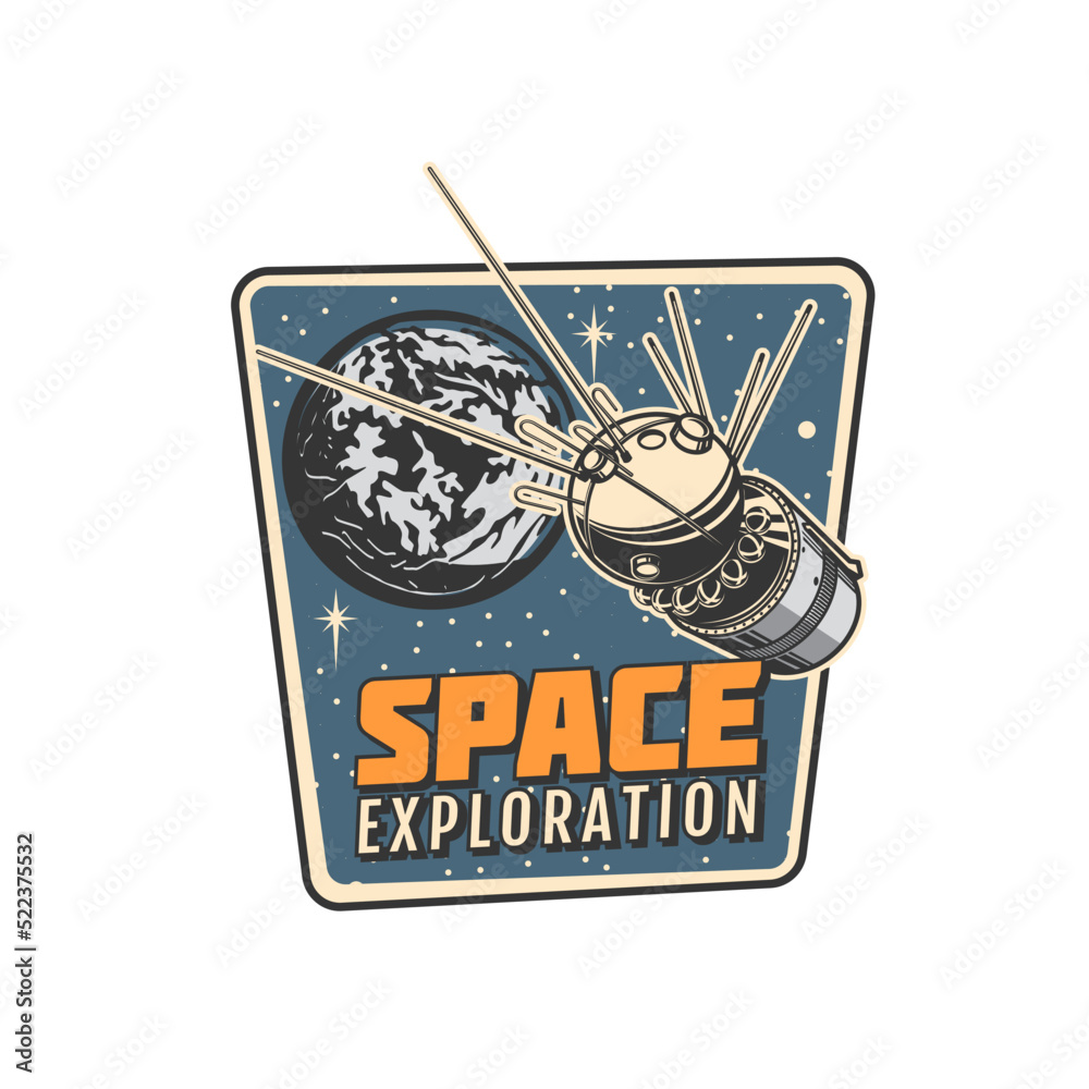 Poster space exploration icon. planets and stars exploration vintage emblem, astronomy science program retr