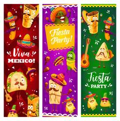 Cartoon mexican characters on fiesta party. Funny tacos and quesadilla, jalapeno, tamales and nachos, churros, chili pepper and burrito, enchilados happy cute characters in sombrero hat
