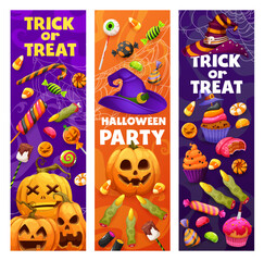 Halloween holiday banners of cartoon Halloween sweets and candies with witch hat and cobweb. Vector horror night pumpkin lanterns, cakes or cupcakes, candy corn, witch finger cookies and lollipops