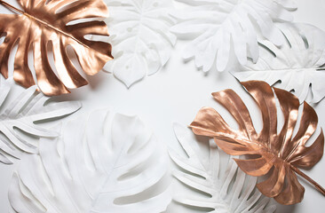 Collection of tropical leaves,foliage in elegance style with golden,white color.Abstract leaf decoration