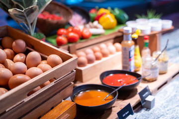 eggs on wooden box for breakfast