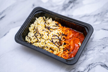 korean instant noodle with spicy sauce and chicken