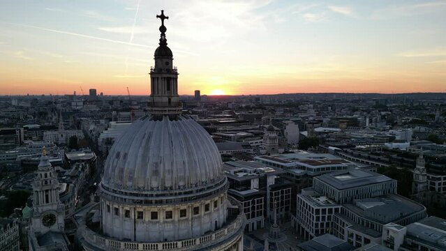 Dusk over London City St Paul&rsquo;s Cathedral dome, drone aerial view sunset