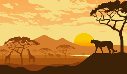 Fototapeta na wymiar Sunset African Landscape Illustration Vector With Cheetah, Giraffe And Elephant Silhouette