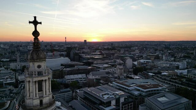 St Paul&rsquo;s Cathedral London, reveal of cross on dome , drone aerial view sunset