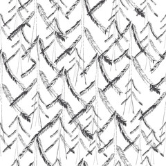 Black and white botanical illustration with pine trees, seamless patter, vector