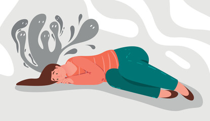 Woman in depression. Young girl lies and does not want to do anything. Emotional burnout and loss of strength, horrors and fears, panic and stress, mental illness. Cartoon flat vector illustration