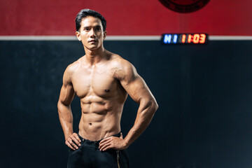 Portrait of Asain sportsmale shirtless exercising in fitness gym club. 