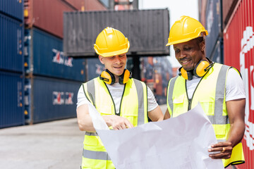 African American and Caucasian man worker work in container terminal. 