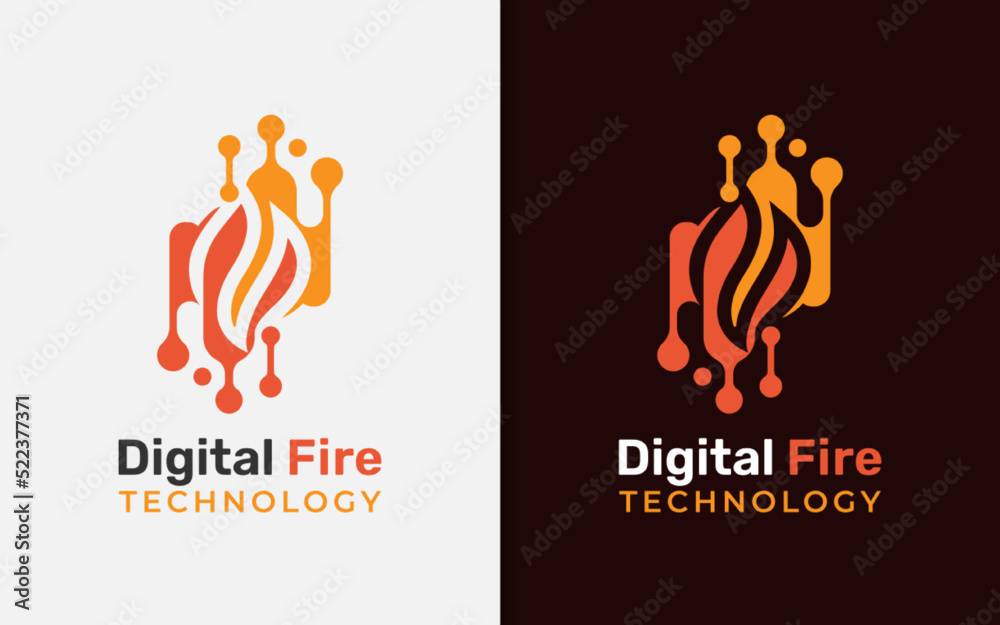 Poster abstract fire with tech element combination logo design. vector logo illustration.