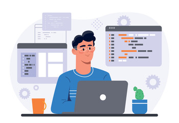 Programming at home. Young man behind laptop works at home, modern technology, remote worker. Developer of application or program for smartphone writes code. Cartoon flat vector illustration