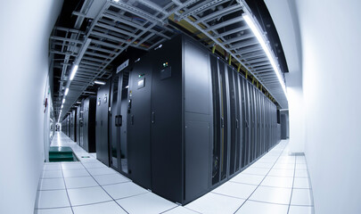Empty computer server room, artificial intelligence, big data, cloud computing, blockchain, cloud storage center.
