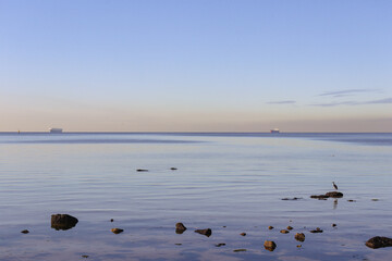ocean landscape with calm waters and distant shipping

