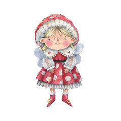 Cute little girl in fly agaric dress watercolor cartoon illustration isolated on white background. Fairy tale character, fairy, elf, amanita.
