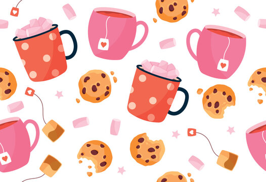 Sweet seamless pattern. Repeating image for printing on scratch paper. Winter holidays, New Year and Christmas, surprises. Hot drinks and cookies with chocolate. Cartoon flat vector illustration