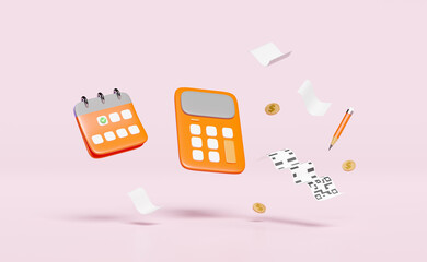 3d orange calculator float with calender, bill receipt paper, dollar money coins, pencil isolated on pink background. invoice, electronic bill, minimal concept, 3d render illustration - obrazy, fototapety, plakaty