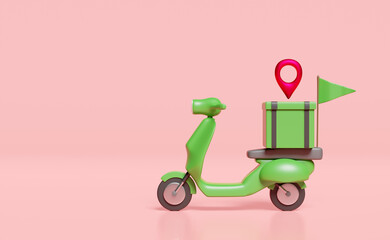 Fototapeta na wymiar 3d delivery green scooter and food box with pin, flag isolated on pink background. express food delivery service concept, 3d render illustration