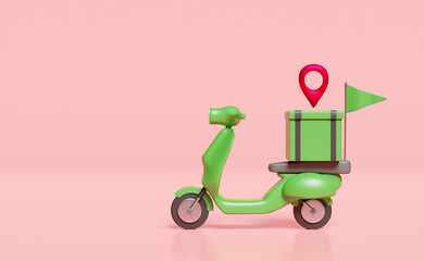 3d delivery green scooter and food box with pin, flag isolated on pink background. express food delivery service concept, 3d render illustration © sirawut