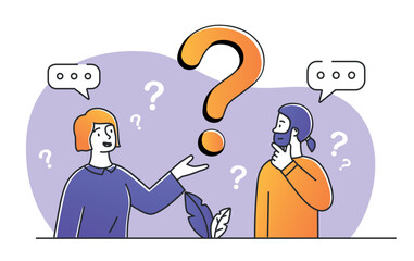 Girl ask man question. Communication and discussion, FAQ and support. Friends share ideas, creativity and brainstorming, decision evaluation and important advice. Cartoon flat vector illustration