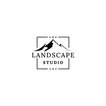 Mountain Landscape with Focus Square Lens Frame for Adventure Outdoor Nature Photography Logo