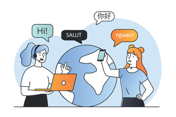 Concept of globalization. Girls with laptop and smartphone communicate on Internet, chatting. Social networks and messengers. International communication, apps. Cartoon flat vector illustration