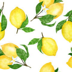 Watercolor hand drawn seamless pattern with lemon citrus fruit. Summer bright organic sweet tasty food botanic print. Harvest tree ornament textile.