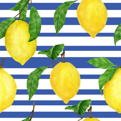 Watercolor hand drawn seamless pattern with yellow lemons and blue stripe background. Summer fruit citrus botanic floral print. Bright print for textile wrapping paper wallpaper, organic harves food