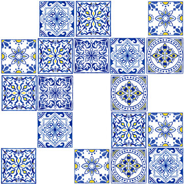 Hand drawn watercolor seamless pattern with blue white azulejo Portuguese ceramic traditional tiles. Ethnic portugal geomentric indigo repeated wall floor ornament. Arabic ornamental background.