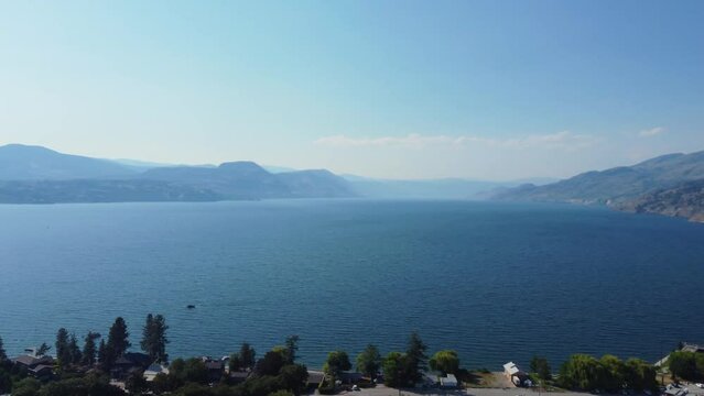 Drone shot panning the shore of Naramata