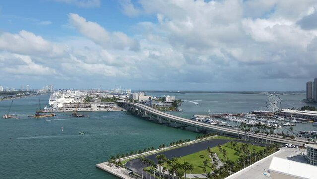 Aerial View of Bayside Marina, Cruise Ship Port Terminal, Skyviews Wheel, Miami Florida USA, Drone Shot