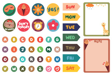 collection of weekly and daily planner sticker, notes, to do list, with lettering and cute icon. template for agenda, check list, stationery