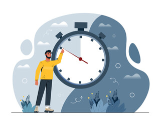 Circadian rhythm concept. Man changes clock, health care and timely rest, recuperation and sound sleep. Time management and aily routine. Planet, day and night. Cartoon flat vector illustration