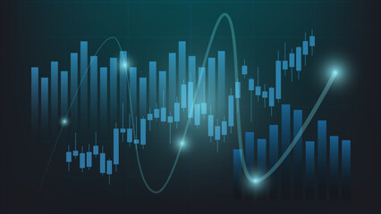 economy situation concept. Financial business statistics with bar graph and candlestick chart show stock market price and currency exchange on dark green background