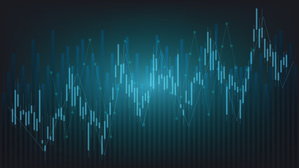 economy situation concept. Financial business statistics with bar graph and candlestick chart show stock market price and currency exchange on dark green background