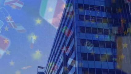 Animation of multiple countries flag and european union flag against tall buildings - Powered by Adobe