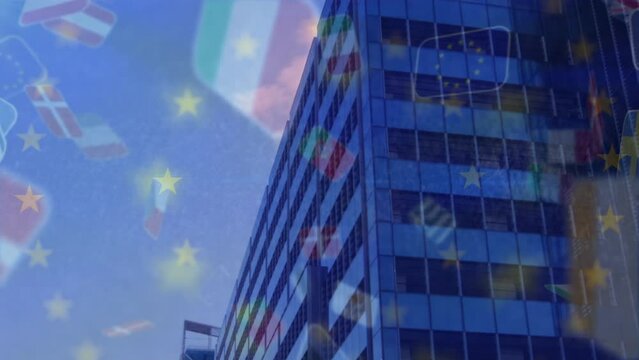 Animation of multiple countries flag and european union flag against tall buildings