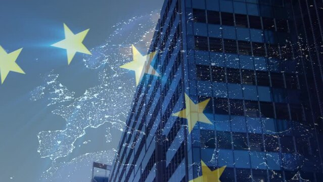 Animation of european union flag and map over tall buildings against clouds in the sky