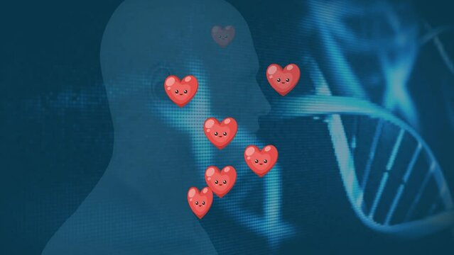 Animation of multiple pink heart icons and dna structures over human head model on blue background
