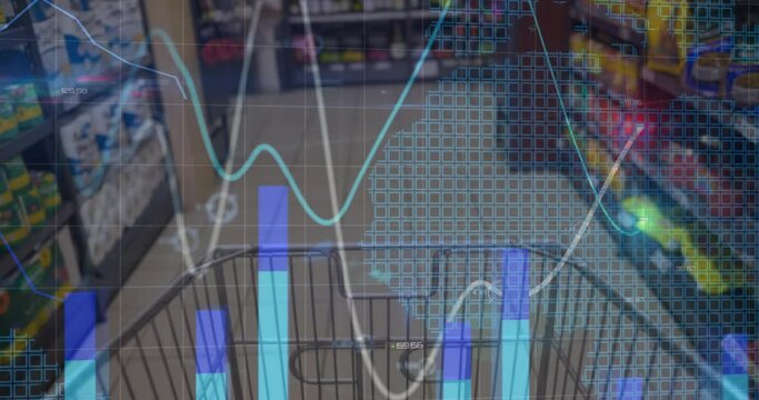 Animation of statical data processing over world map against empty shopping cart at grocery store