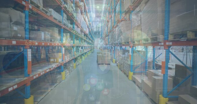 Animation of multiple profile icons and statistical data processing against empty warehouse