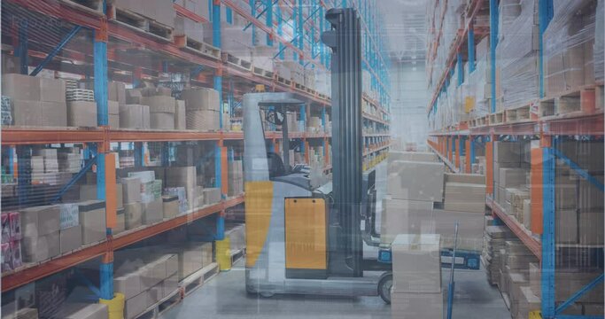 Animation of multiple screens with data processing against forklift operating at warehouse