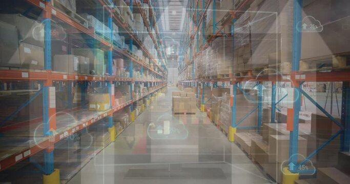 Animation of multiple arrow icons and clouds with increasing percentage against empty warehouse