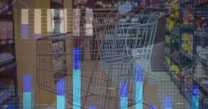 Animation of data processing over world map against empty shopping cart at grocery store