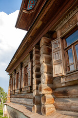 Sudal, Russia - 07 August 2022. A fragment of a wooden hut - a peasant's dwelling in the ancient Russian city of Suzdal