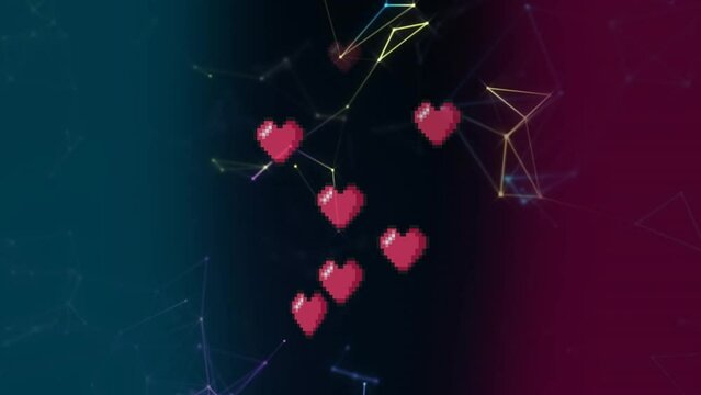Animation of pink heart icons and network of connections floating against gradient background