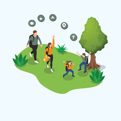 Family hiking with location app on a gadget isometric 3d vector illustration concept for banner, website, illustration, landing page, flyer, etc.