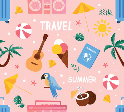 Summer season pattern. Collection of stickers for social networks, greeting poster or banner. Ice cream, guitar and bird. International travel, holidays and vacation. Cartoon flat vector illustration