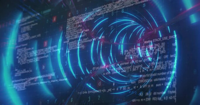 Animation of light trails and cyber security data processing over glowing tunnel in seamless pattern
