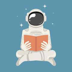 Inspirational education cartoon, Sitting astronaut reading a book, Digital marketing illustration.